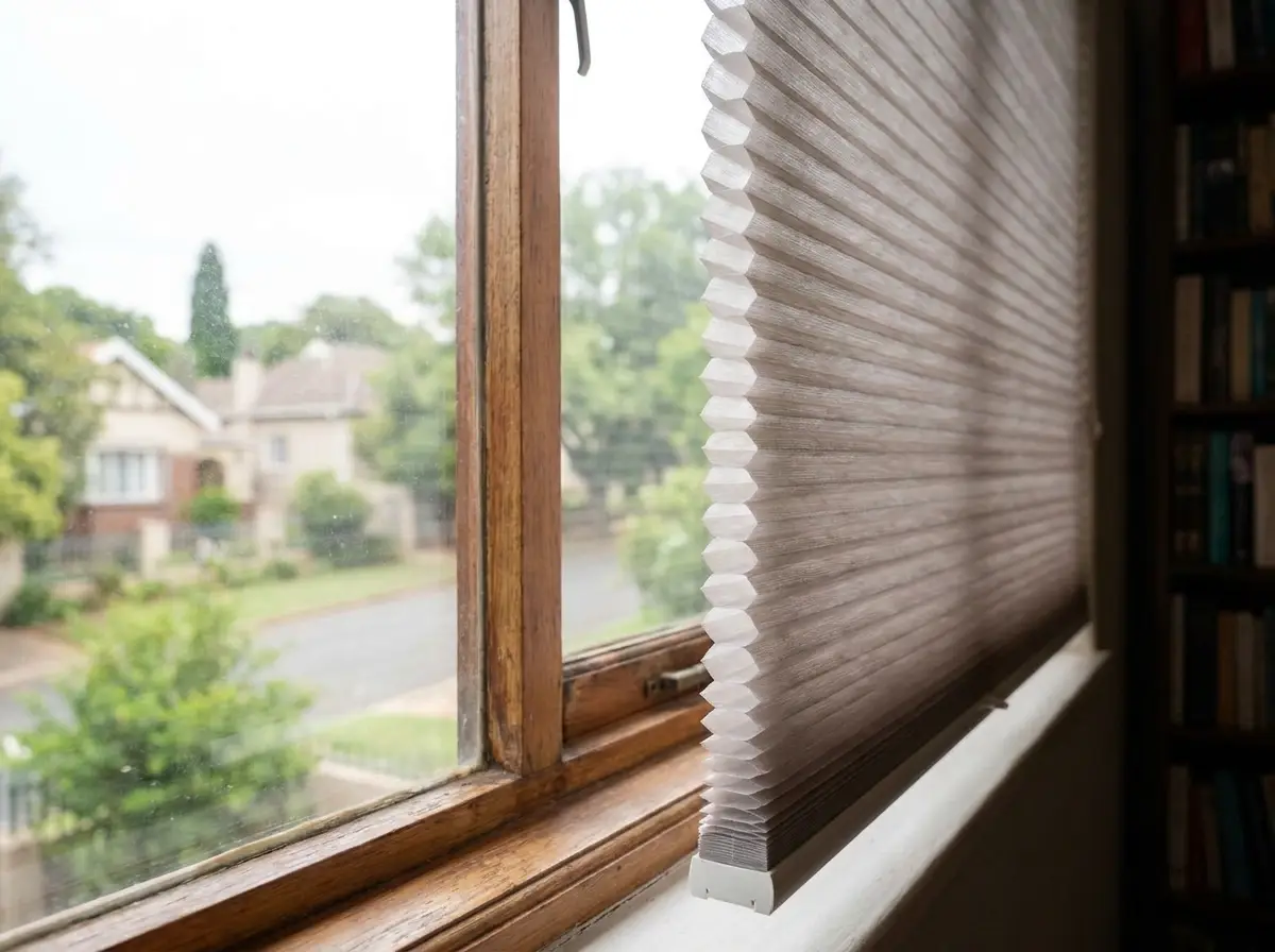 Close-up of a cellular honeycomb blind's air-cell structure in a Waverley study window, Johannesburg