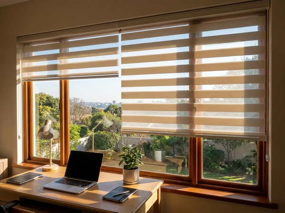 Day and night zebra blind softening afternoon light over a Waverley home office desk, Johannesburg