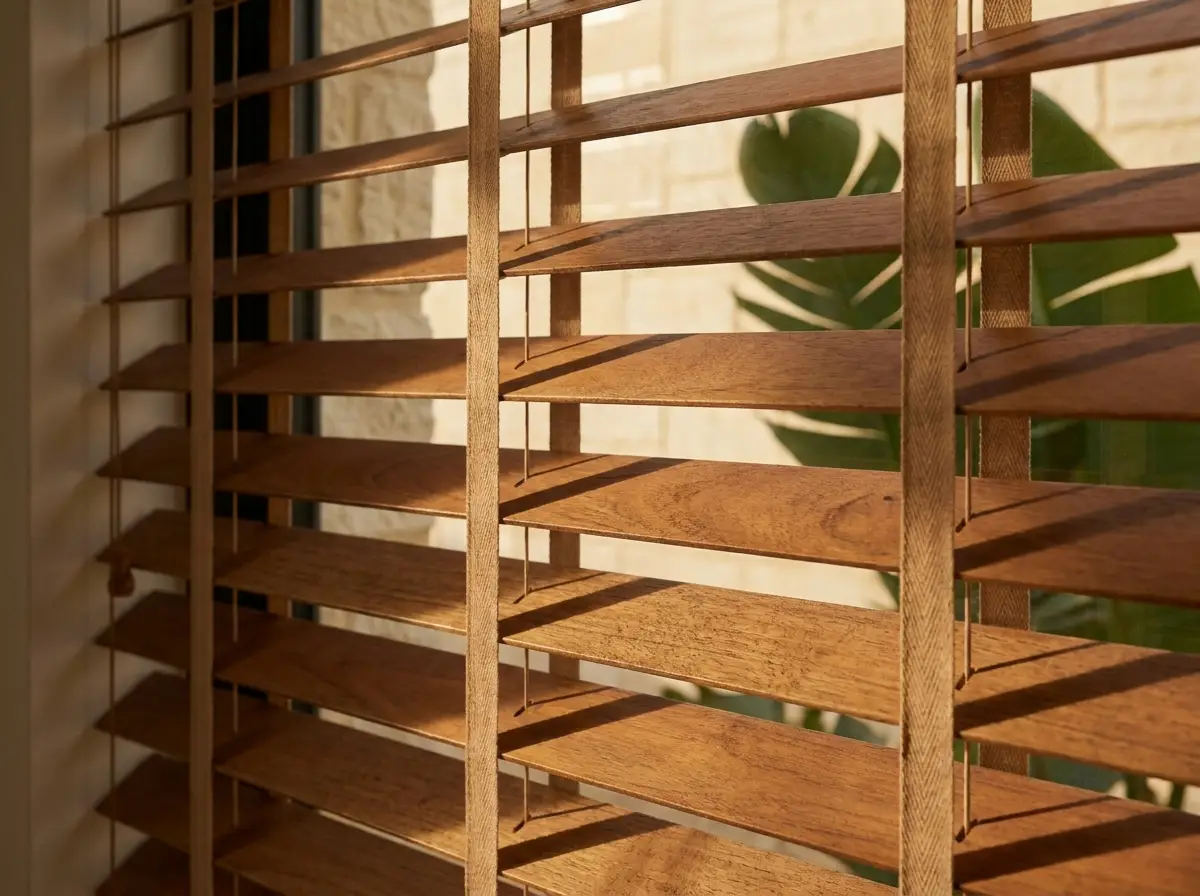 Close-up of warm timber venetian slats and lift cords