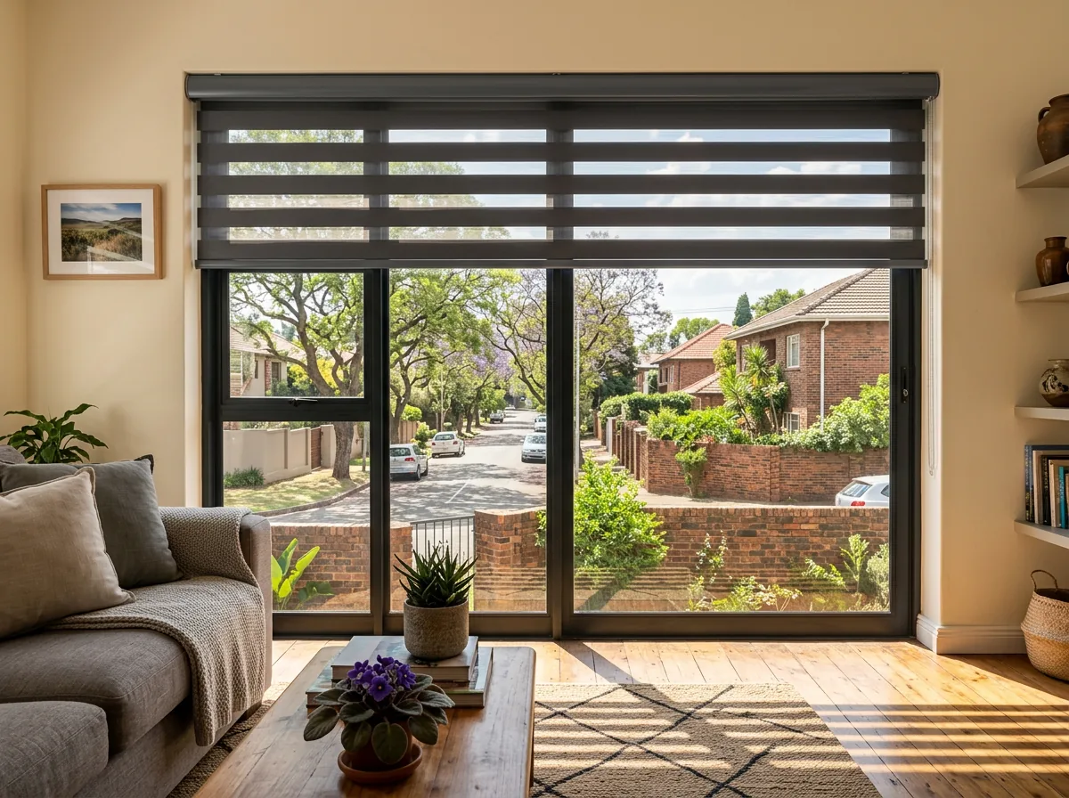 A day and night blind on a wide lounge window, its alternating sheer and solid bands tuning the afternoon light, with a tree-lined street of face-brick Waverley homes beyond the glass