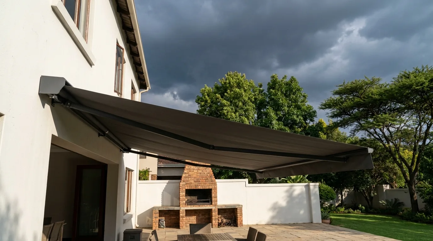 A folding-arm awning extended flat over a paved braai patio at a Waverley home, its fabric stretched on folding arms from a wall cassette with no posts on the ground, summer storm cloud building behind the garden trees