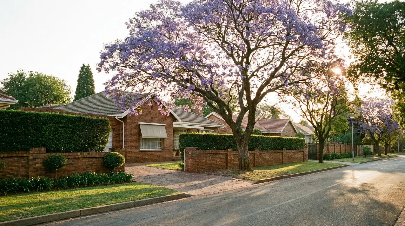 A quiet tree-lined Waverley street at golden hour, face-brick family homes behind low walls, a driveway and jacaranda tree, one window fitted with a day-night blind