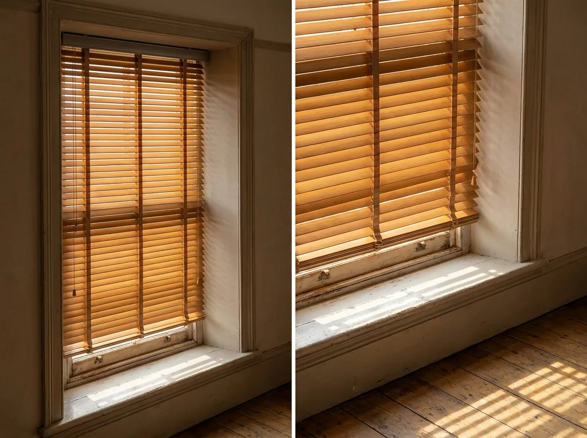 A timber venetian blind inside a window reveal, its horizontal wooden slats tilted so narrow stripes of low afternoon sun fall across the sill and floorboards