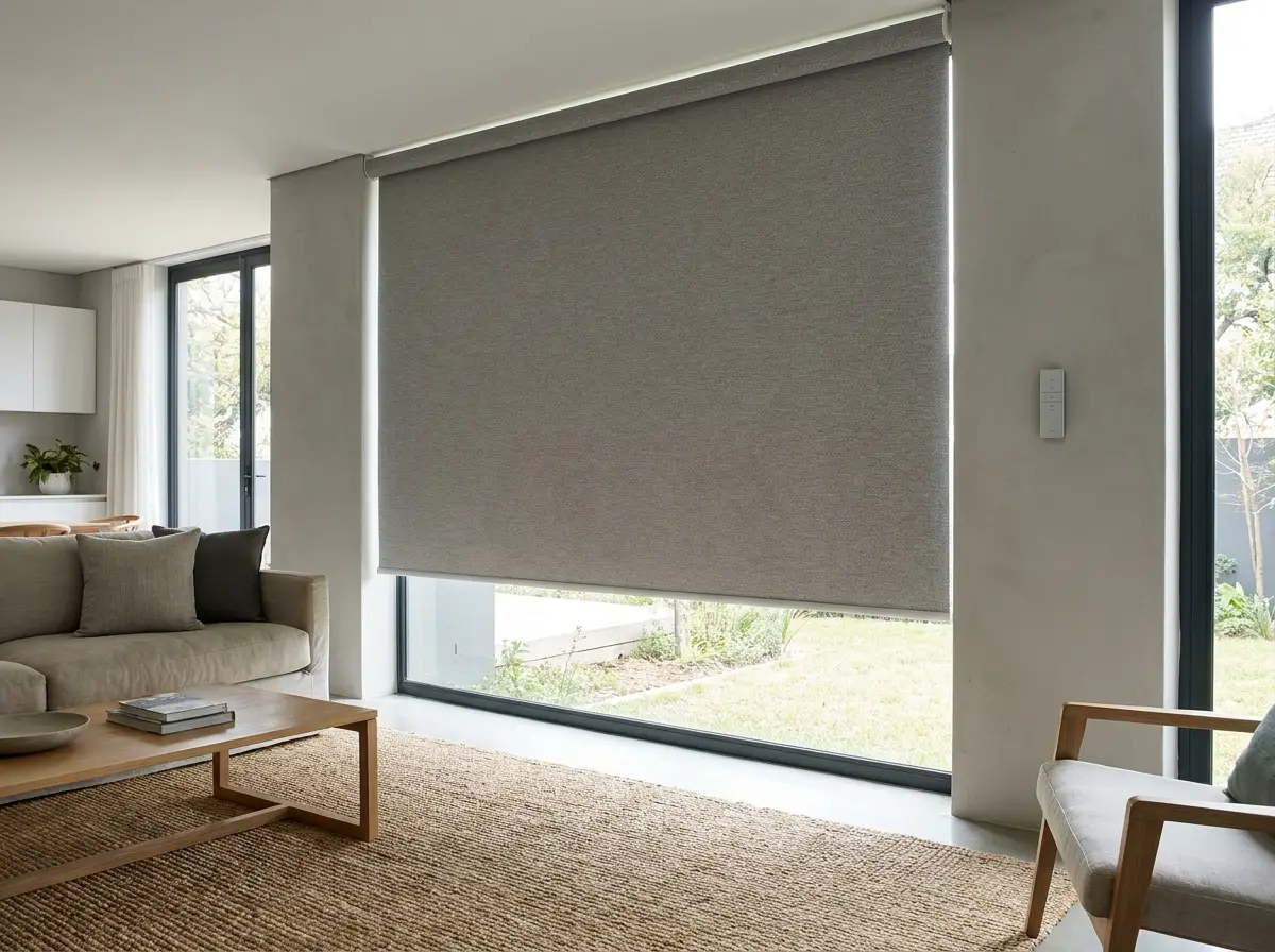Motorised blockout roller blind lowered over a large open-plan Waverley living room window, wall-mounted remote beside it