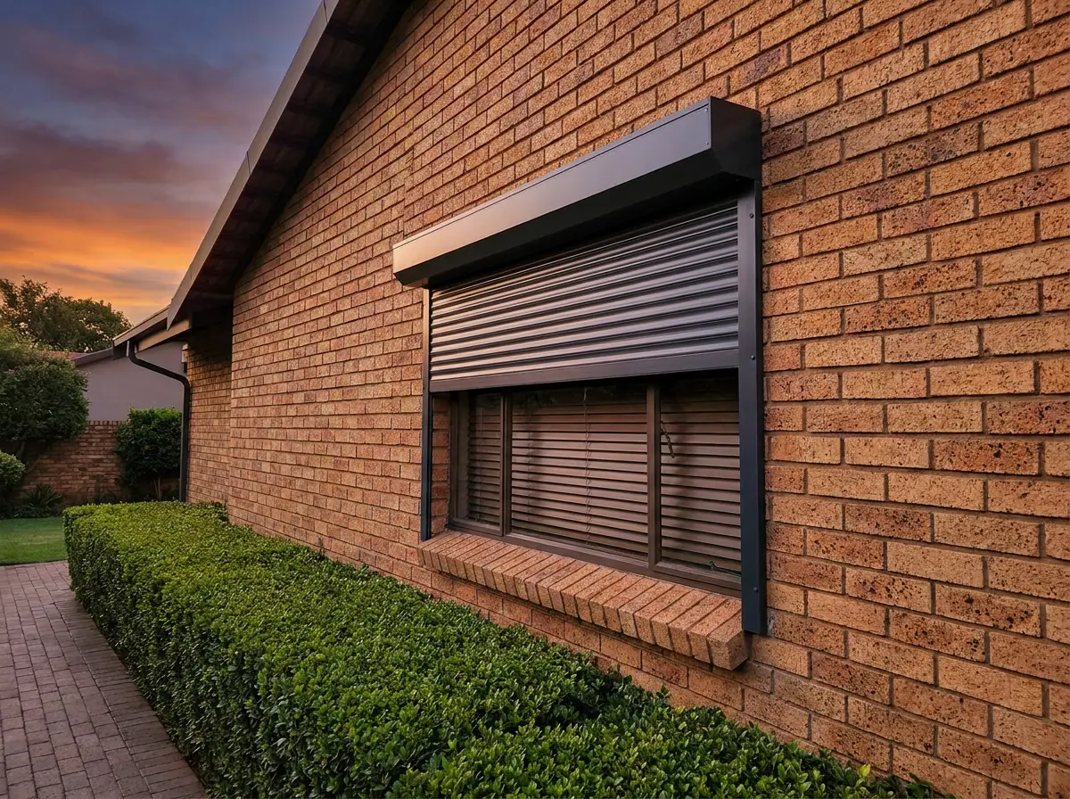 Roller shutter closed over a side window of a Waverley family home, Johannesburg