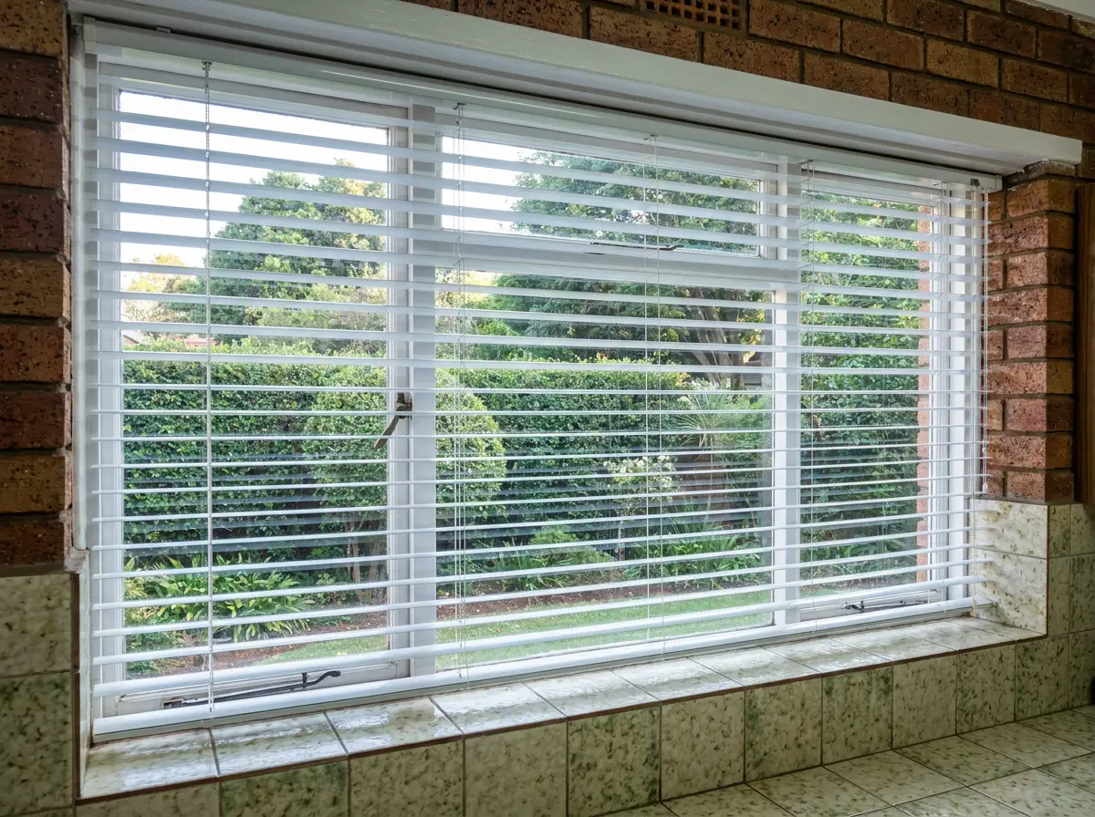 White aluminium venetian blinds catching morning light in a Waverley kitchen, Johannesburg